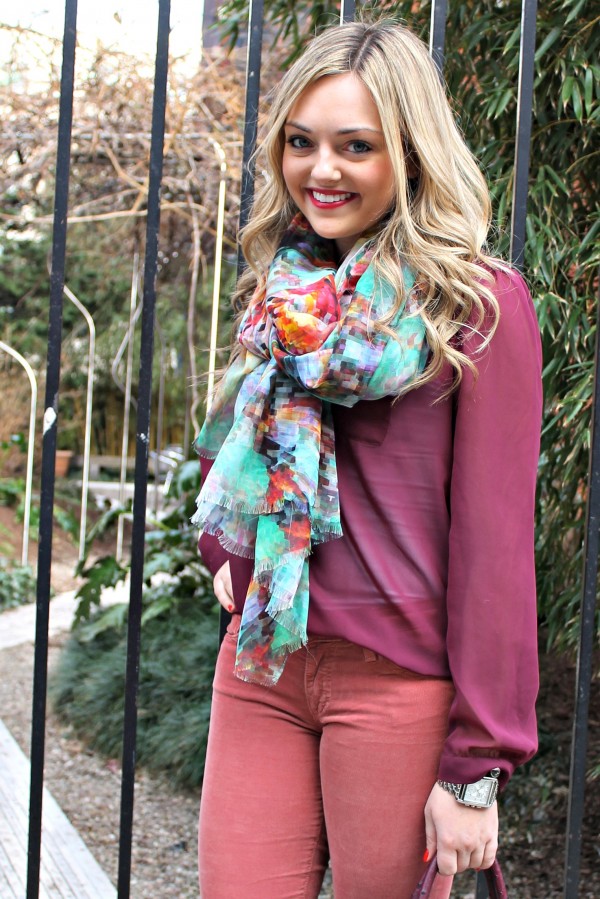 peach cords + maroon top + multicolor scarf