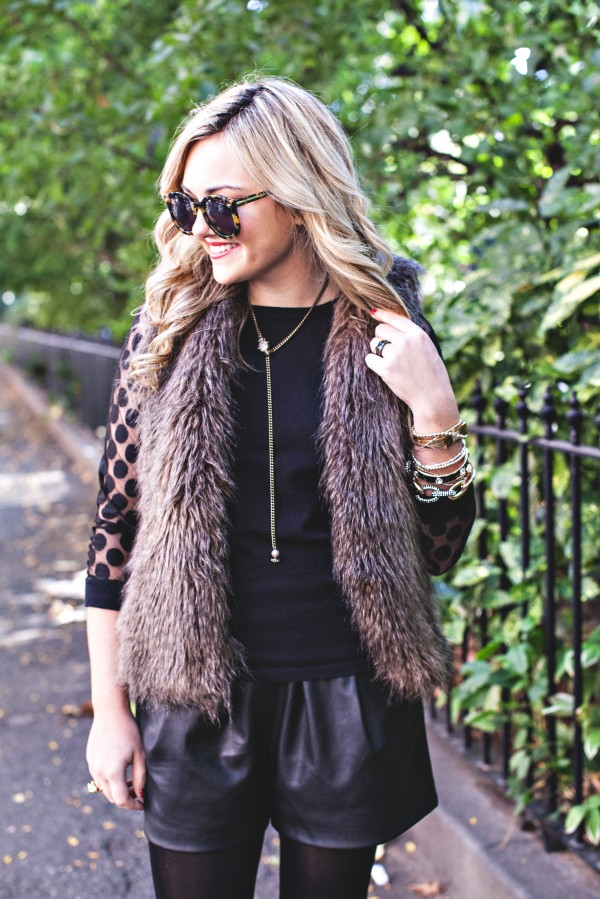 Karen Walker Sunglasses, Faux Fur Vest, Red Lipstick