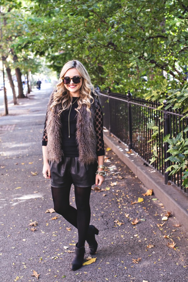 Fall Outfit, NYC, Faux Fur Vest, Leather Shorts, Booties