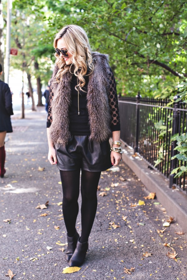 Fall Outfit, Faux Fur Vest, Leather Shorts