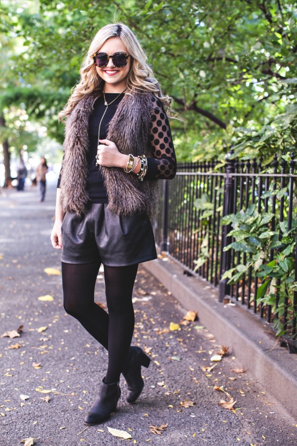 All Black Outfit, Fall, Faux Fur, Vest, Tights