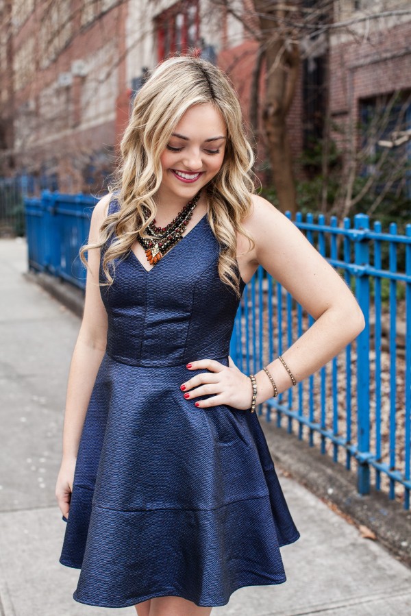 Navy Blue Holiday Party Dress — bows & sequins