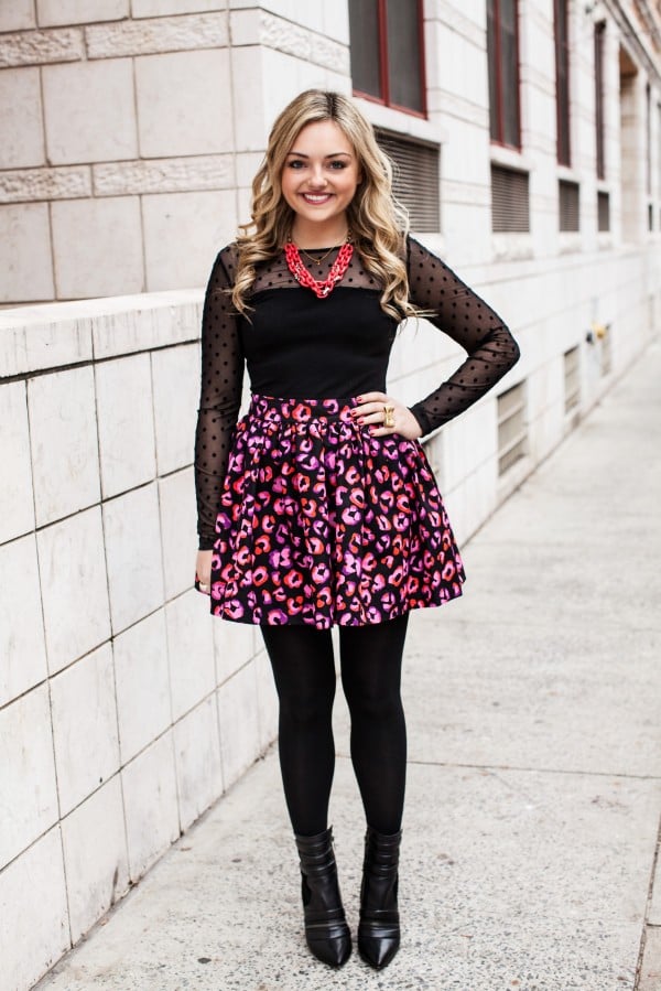 Sheer Polka Dot Top with Kate Spade Lip Skirt Statement Necklace, Polka Dots, Cheetah Lipstick Print Skirt, Moto Booties