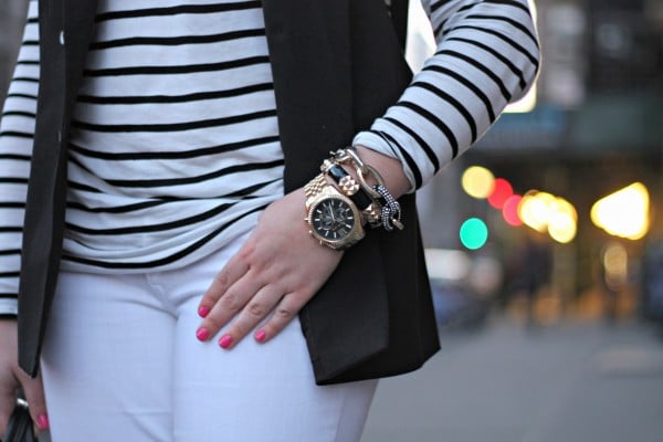 Black and White Outfit with Gold Jewelry, Hot Pink Nail Polish, Essie Exposure