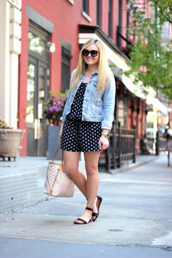 denim jacket over a black romper