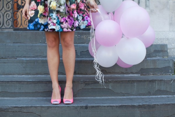 pink balloons, red valentino dress, jcrew pink pumps