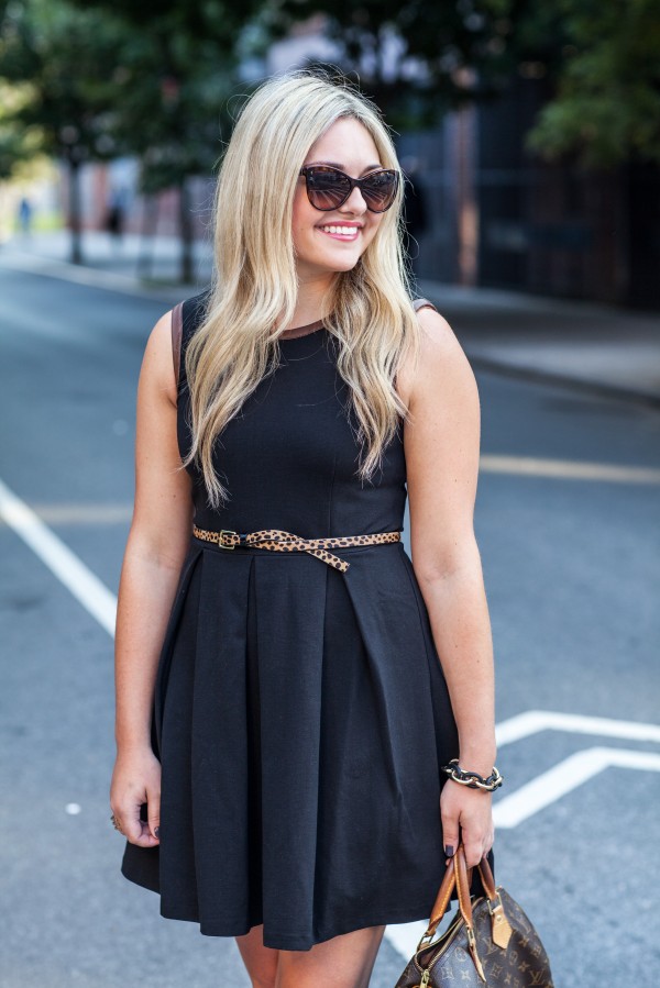black dress with leopard heels