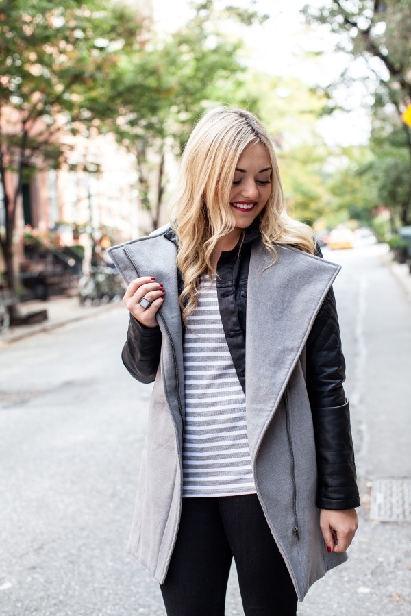 layer a long sleeve stripe tee with a vest and jacket