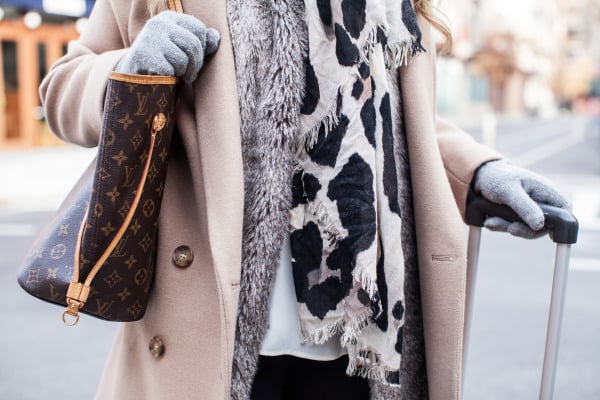 camel coat fur vest leopard scarf