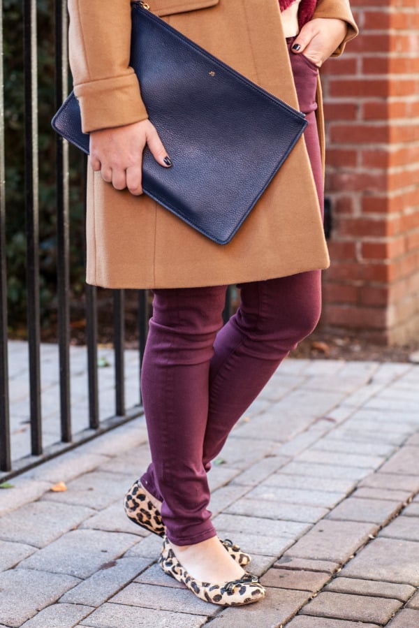camel coat navy clutch burgundy jeans leopard flats fall style outfit