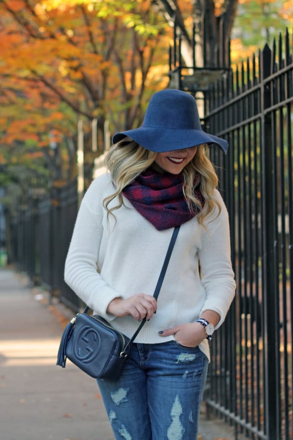 cute fall outfit with hat and scarf
