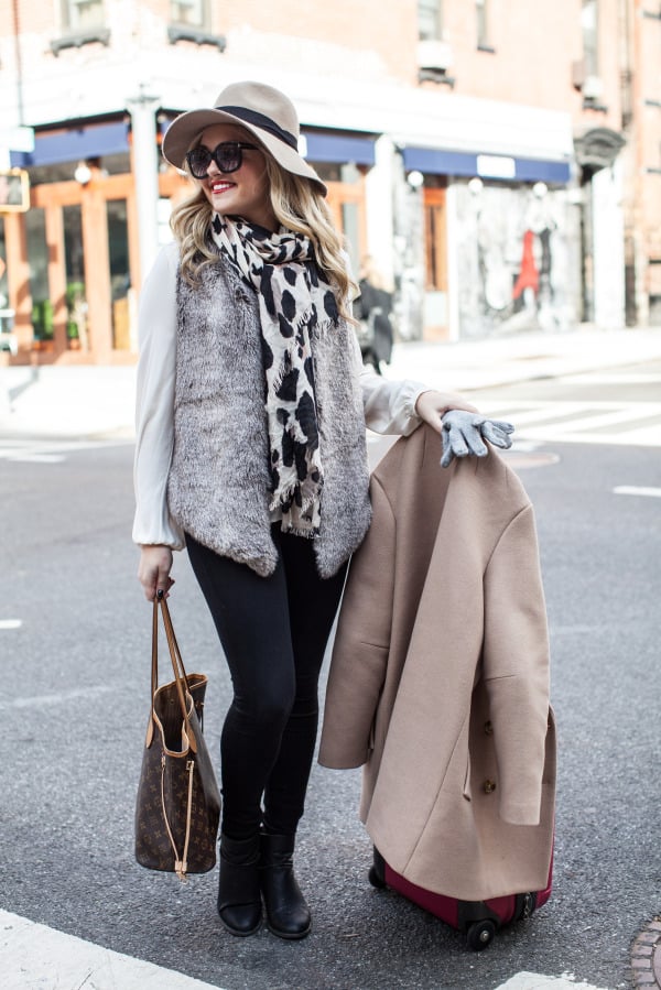 cute winter holiday outfit fur vest leopard scarf