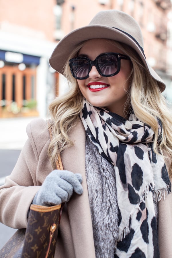 felt floppy hat leopard scarf fur vest gray cashmere gloves
