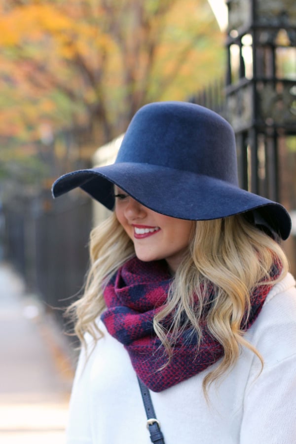 navy hat maroon and navy checked scarf