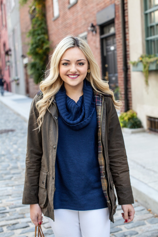 olive barbour jacket navy sweater