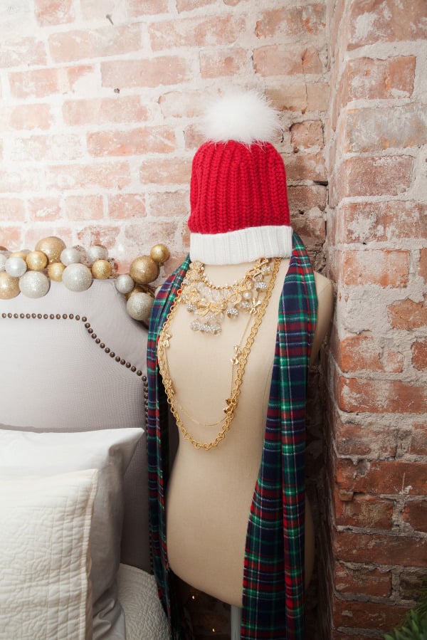 kate-spade-santa-hat,-vineyard-vines-plaid-scarf,-pb-teen-dress-form,-necklaces