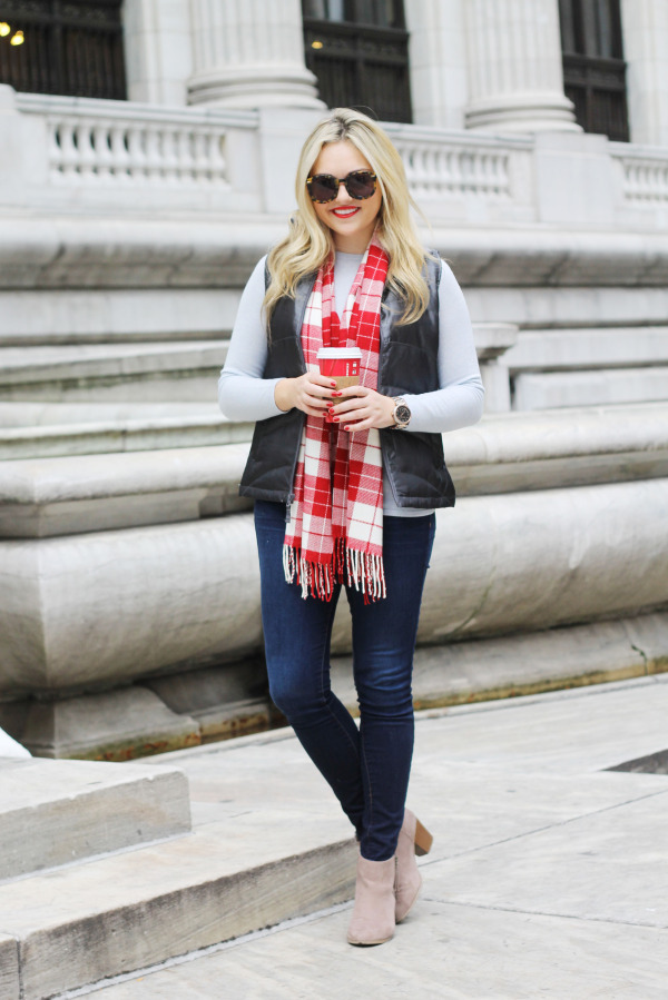plaid-scarf-puffer-vest-outfit