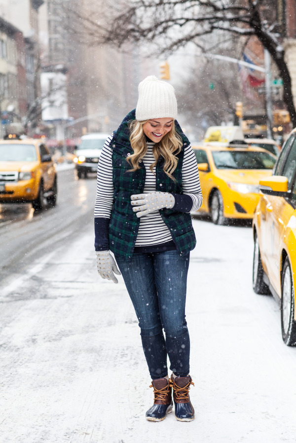 cute snow outfit stripes plaid duck boots