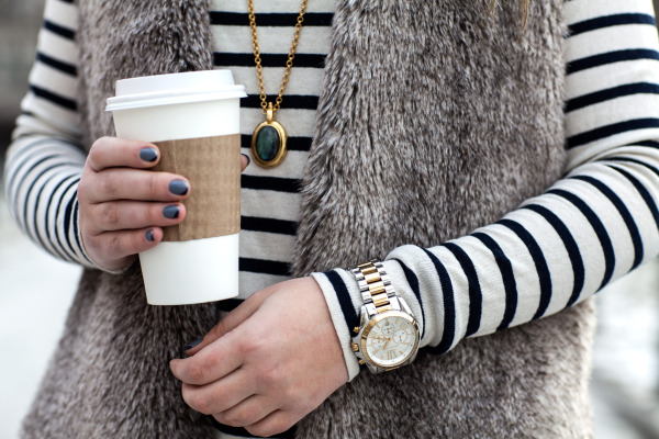 faux fur vest, paintbox manicure, julie vos necklace, michael kors watch