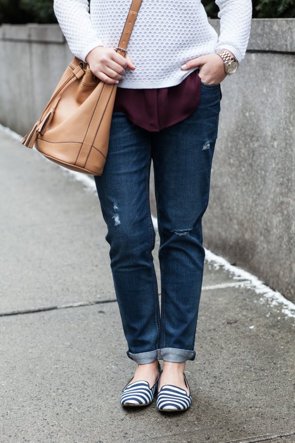 boyfriend jeans, striped loafers