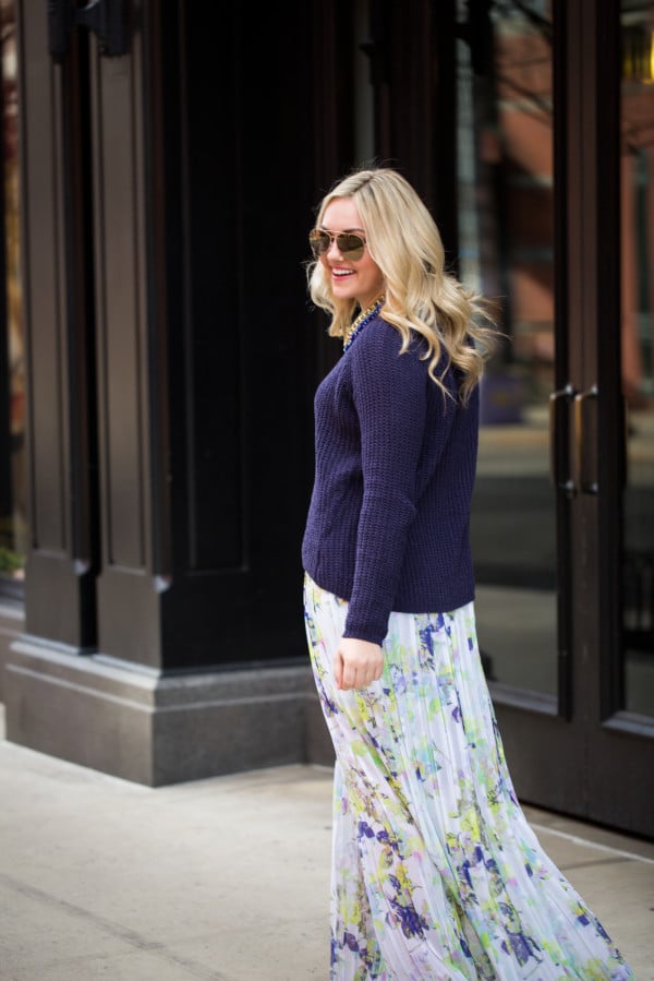 bb dakota chunky navy sweater, bcbg floral pleated maxi skirt