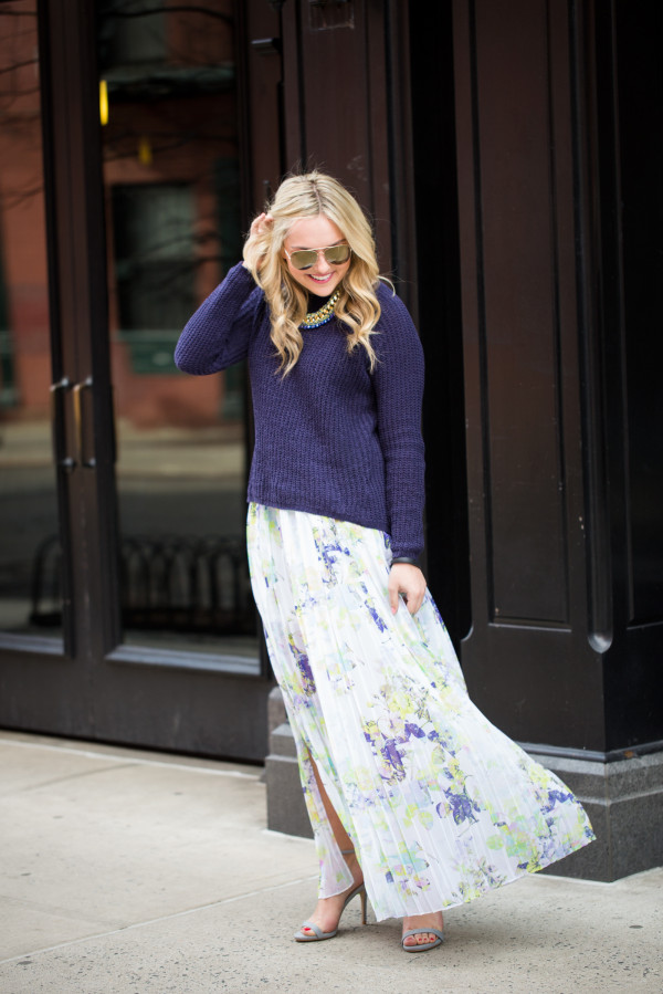 bb dakota sweater, bcbg floral maxi skirt