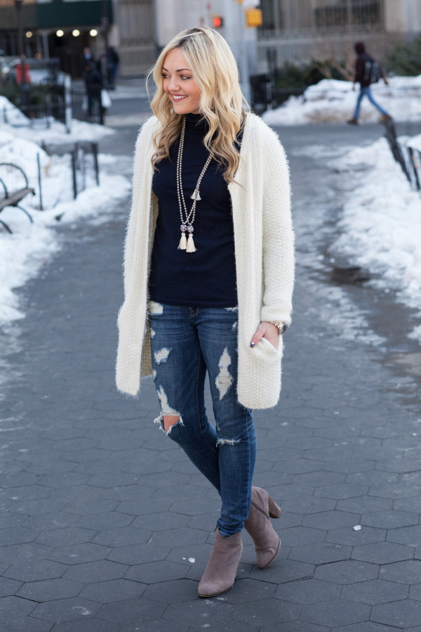 boho outfit - tassetl necklaces, turtleneck, cardigan, ripped jeans, booties