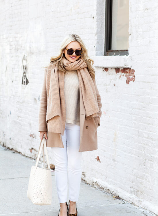 Bows & Sequins styling a camel and white outfit for winter!