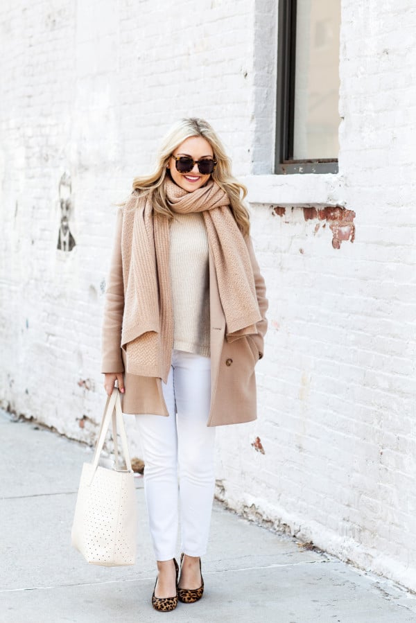 Bows & Sequins styling a camel and white outfit for winter!