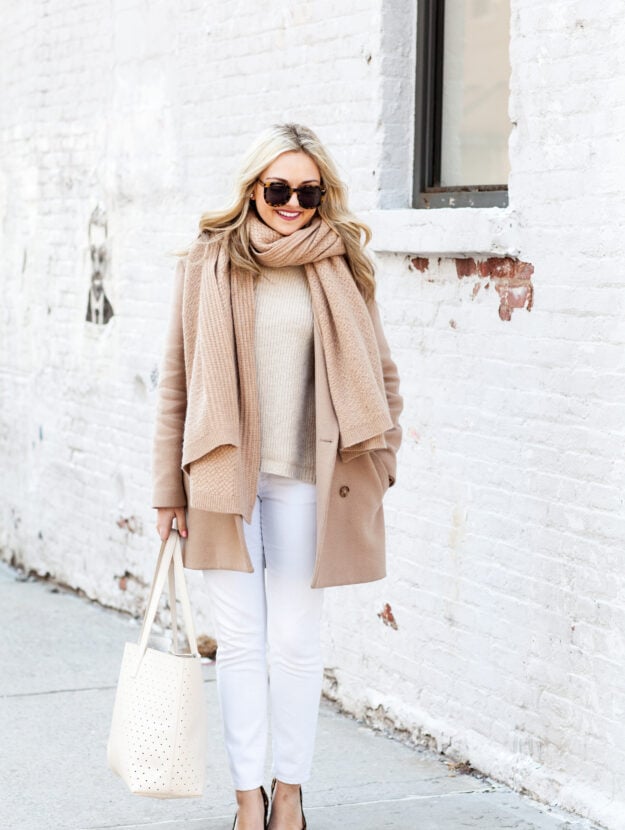 Bows & Sequins styling a camel and white outfit for winter!