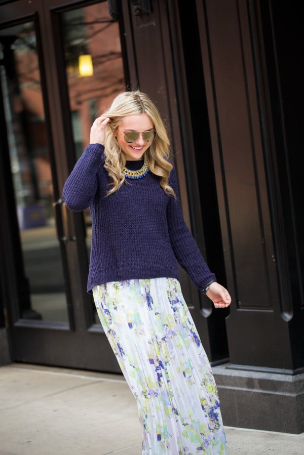 chunky sweater with floral skirt