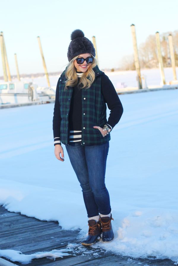 plaid-puffy-vest-striped-turtleneck-duck-boots