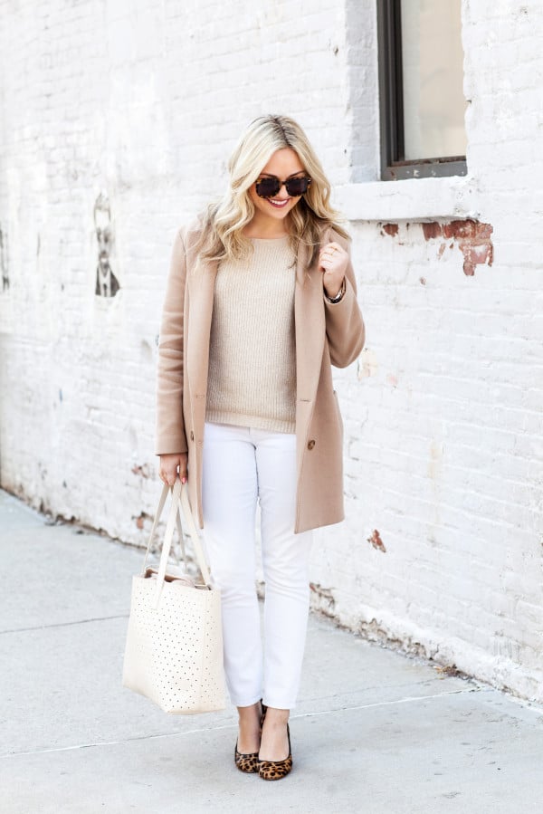 spring outfit camel coat white jeans