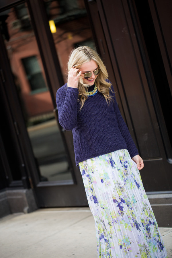 spring outfit thick sweater with floral maxi skirt