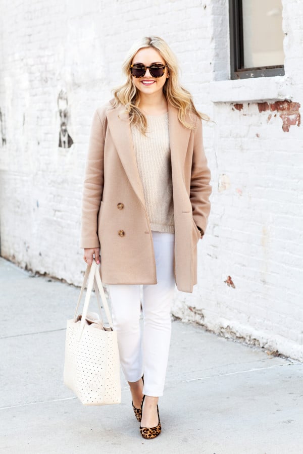 white and tan monochromatic outfit