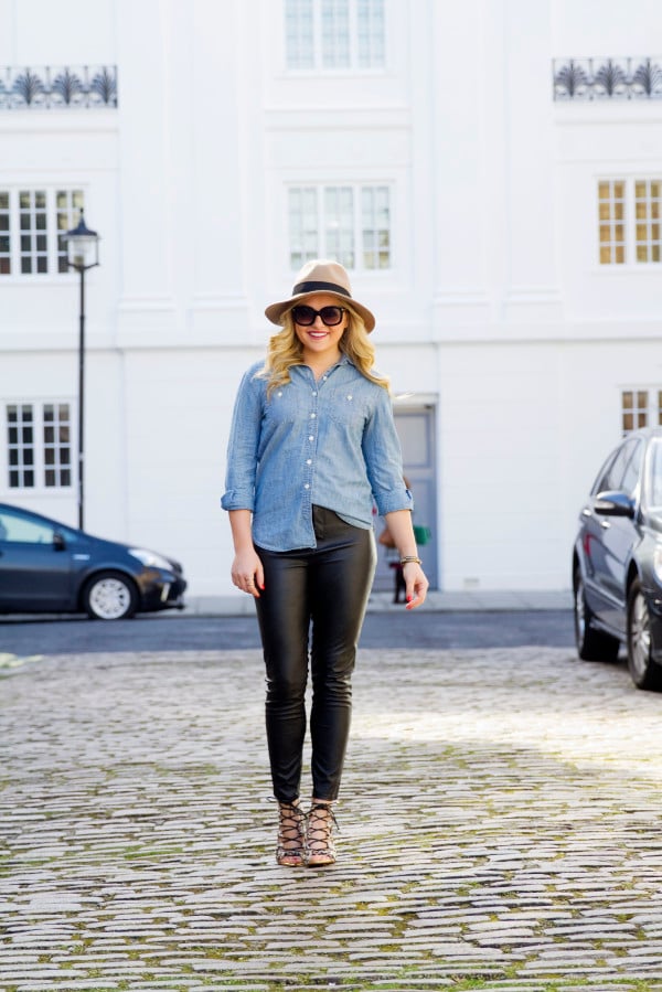 Chambray Shirt Leather Pants Leopard Sandals