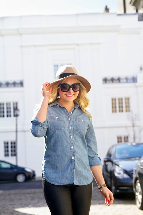 Chambray Shirt with Leather Pants and Hat