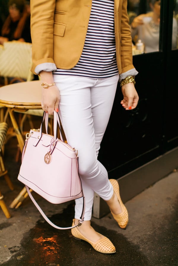 camel blazer, navy striped top, white jeans, basket weave flats, blush pink handbag