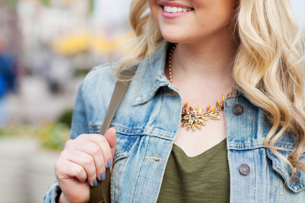 jean jacket and capwell + co statement necklace