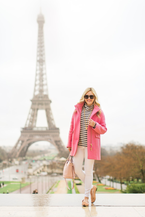 paris in the spring, pastels, pink coat, white jeans, pink handbag, eiffel tower