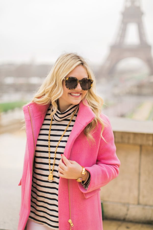 pink coat with striped turtleneck