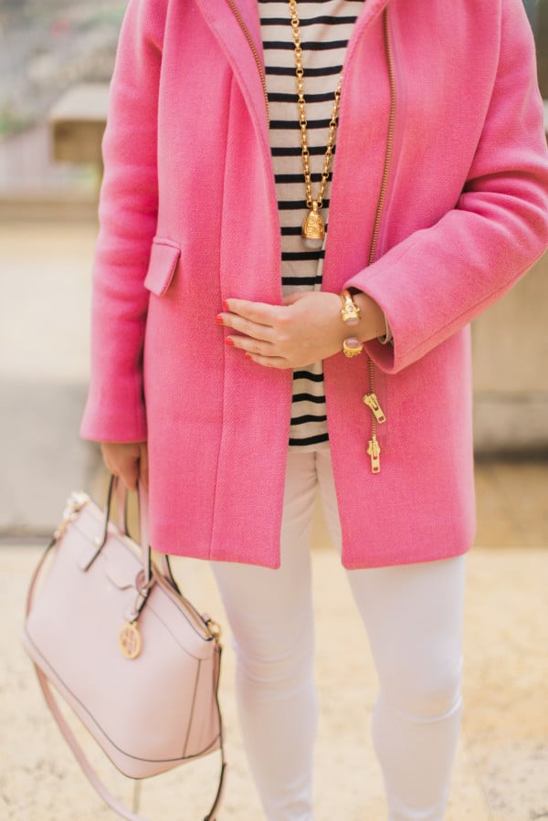 pink coat with white jeans paris