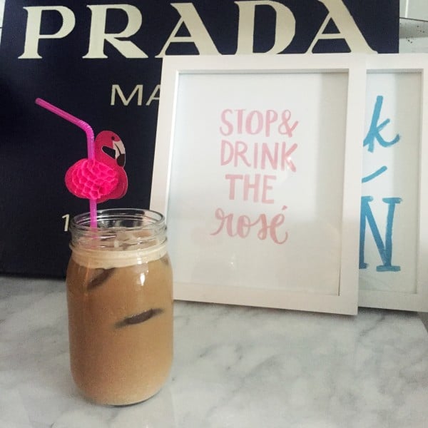 flamingo straw, iced latte, prada marfa print, stop and drink the rosé print
