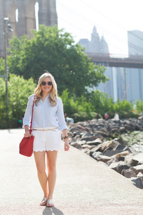 linen button front shirt, white scalloped shorts, jack rogers metallic sandals