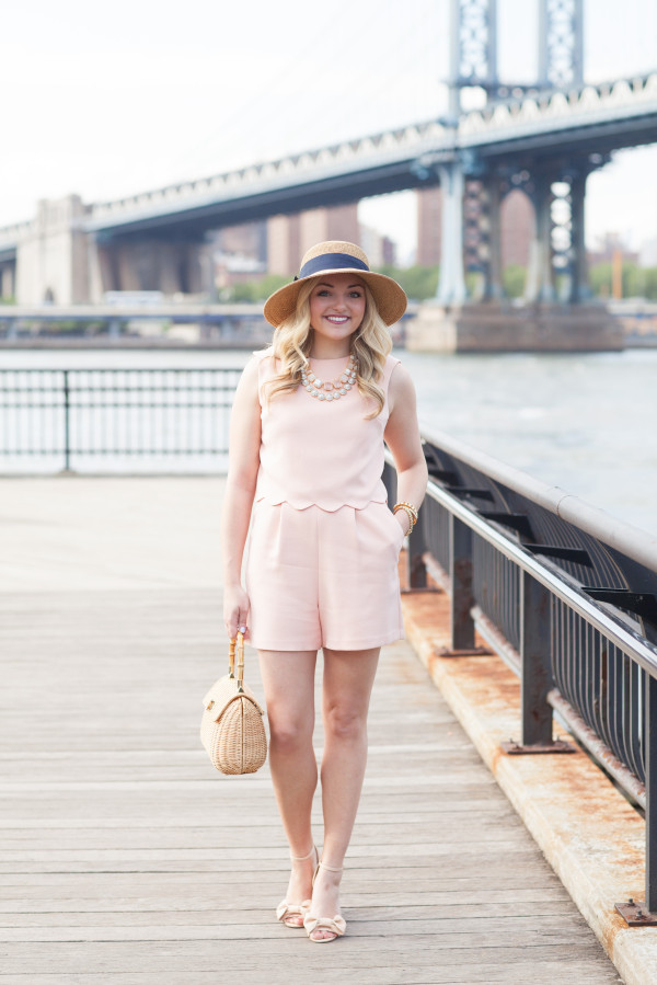 preppy outfit scallops wicker handbag bow wedges sun hat