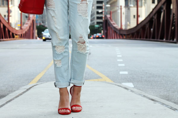 Fourth of July Outfit -- Navy Blazer, Lace Top, Boyfriend Jeans, Red Ankle Strap Heels, Red Bucket Bag -- Chicago, IL