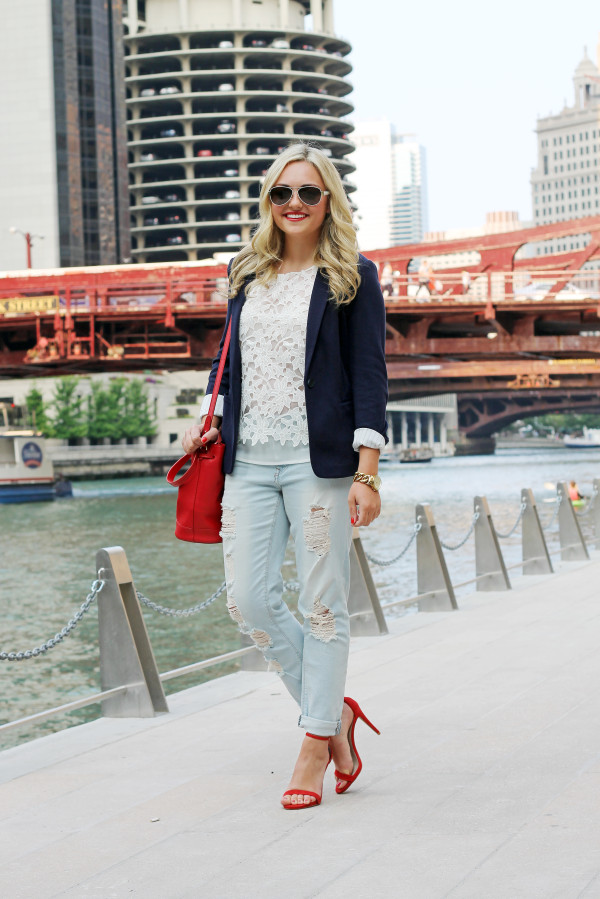 Fourth of July Outfit -- Navy Blazer, Lace Top, Boyfriend Jeans, Red Ankle Strap Heels, Red Bucket Bag --Chicago, IL