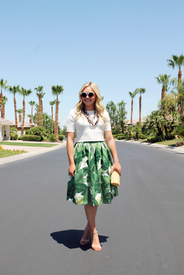 palm-leaf-skirt,-tortoise-necklace,-illesteva-tortoise-white-colorblock-sunglasses,-bamboo-clutch