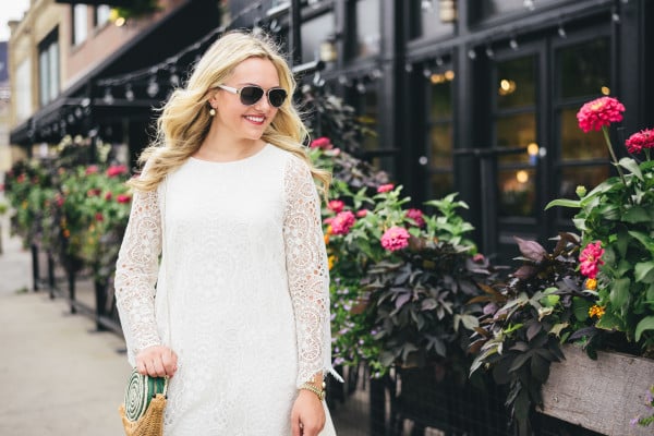 kendra scott earrings, white lace longsleeve dress