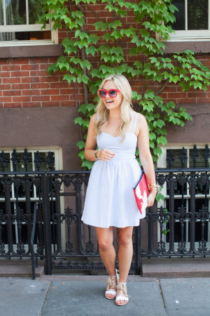 Bows & Sequins wearing a seersucker Lilly Pulitzer dress!